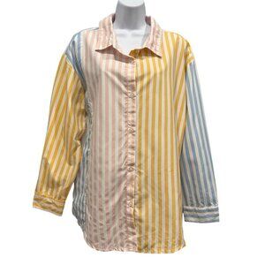 Spoon Jeans Pastel‎ Colorblock Mixed Striped Button Up Top Beachy Retro Size L